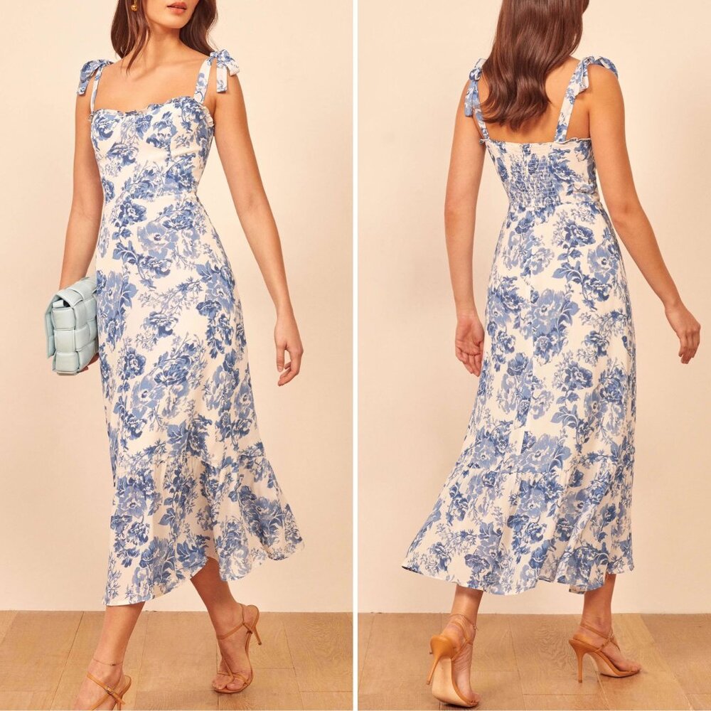 Blue Toile Floral Ruffle Midi Dress by Manu Reformation Nikita Olympia Size 4/S